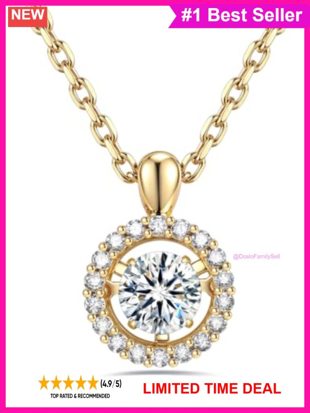 D Color VVS1 Moissanite Pendant Necklace 14K Gold Plated Stainless Steel